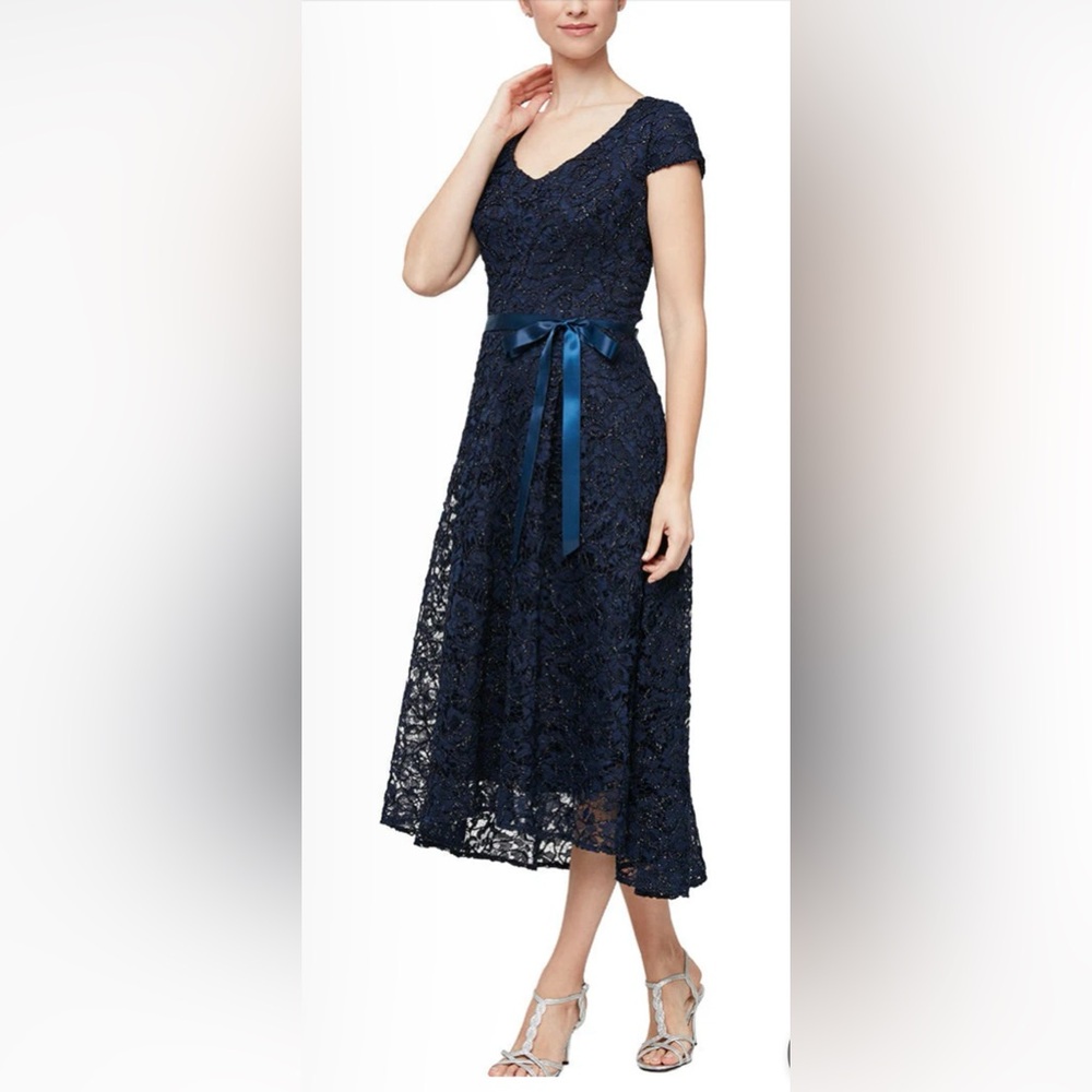 Alex Evenings - Women's Plus Size Tea Length Dress with Rosette Detail